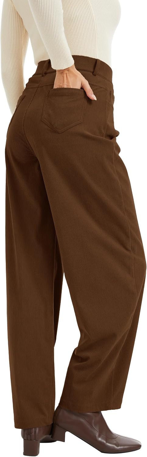 KICZOY Womens Corduroy Barrel Pants Mid Rise Baggy Wide Leg Work Trousers