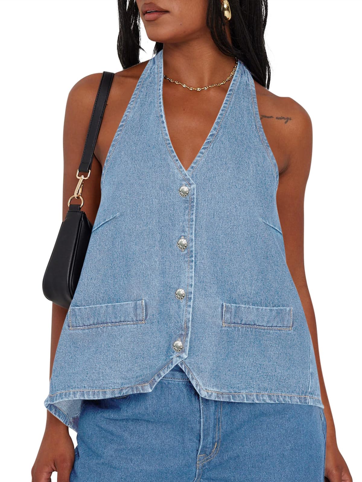 Tankaneo Womens Halter Denim Vest Top Summer Sleeveless Open Back Waistcoat