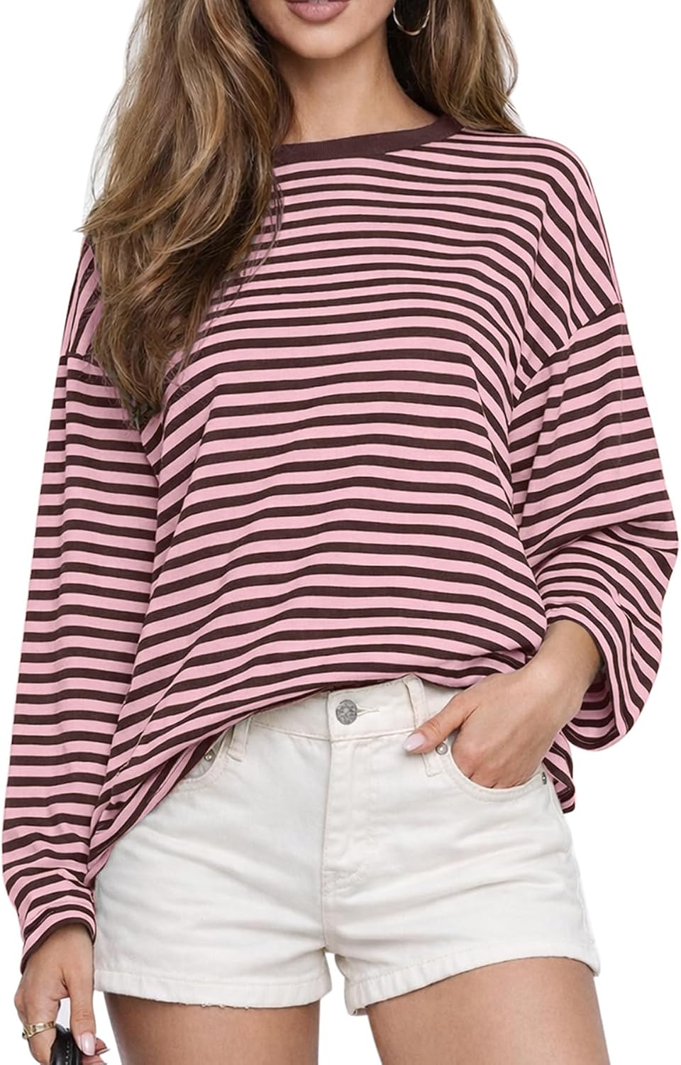CHYRII Womens Oversized Striped Long Sleeve T Shirt Casual Fall Tops