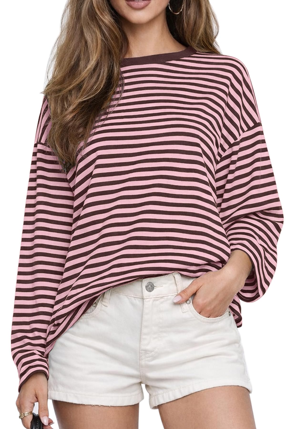 CHYRII Womens Oversized Striped Long Sleeve T Shirt Casual Fall Tops
