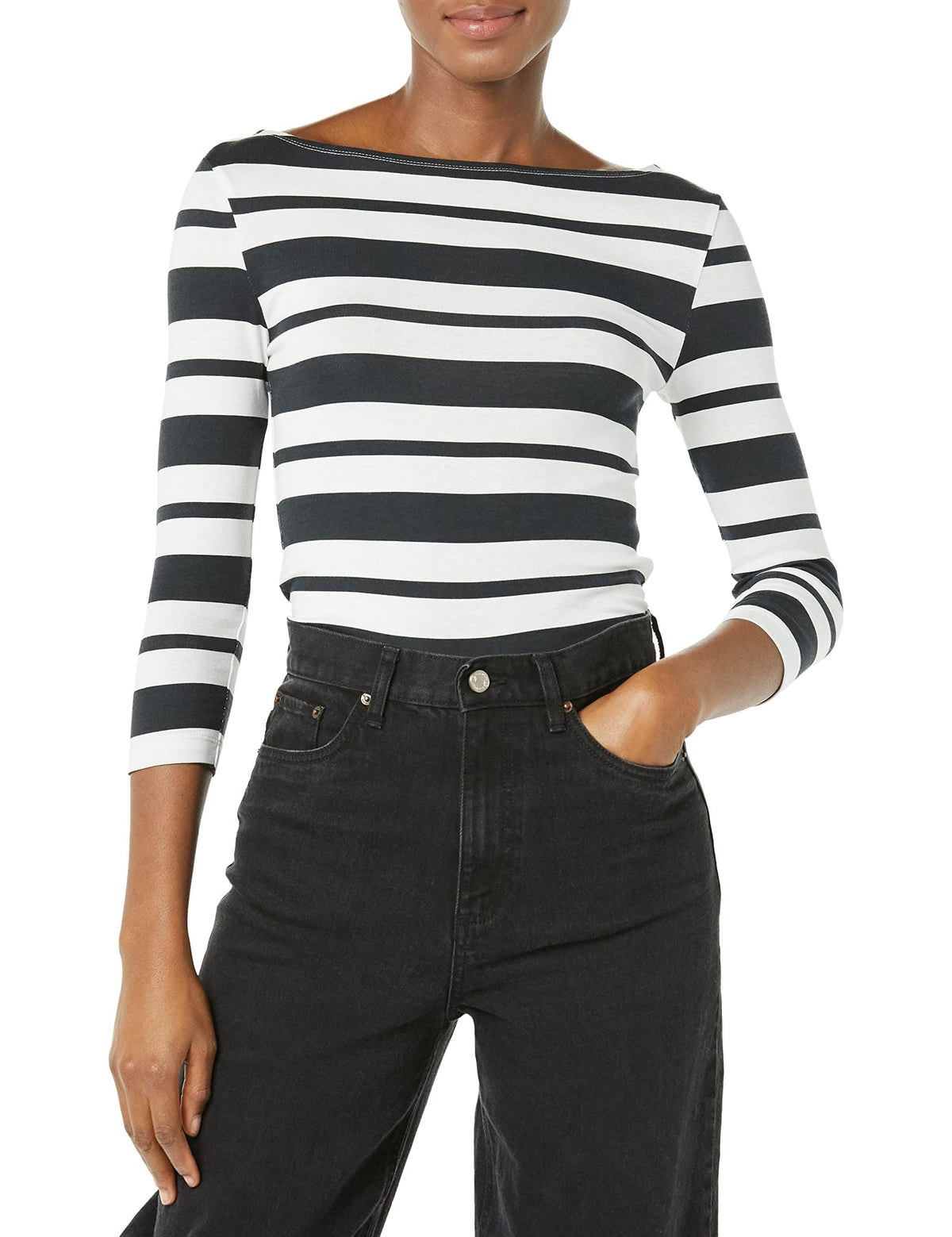 Amazon Essentials Women's Slim-Fit 3/4 Sleeve Boat Neck Tops Cotton Modal T-Shirt
