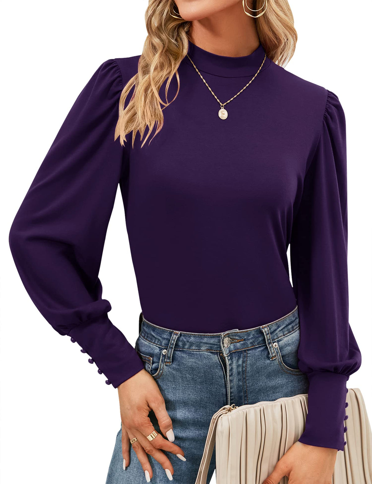 Mock Neck Tops for Womens Turtleneck Puff Long Sleeve Shirts Blouses