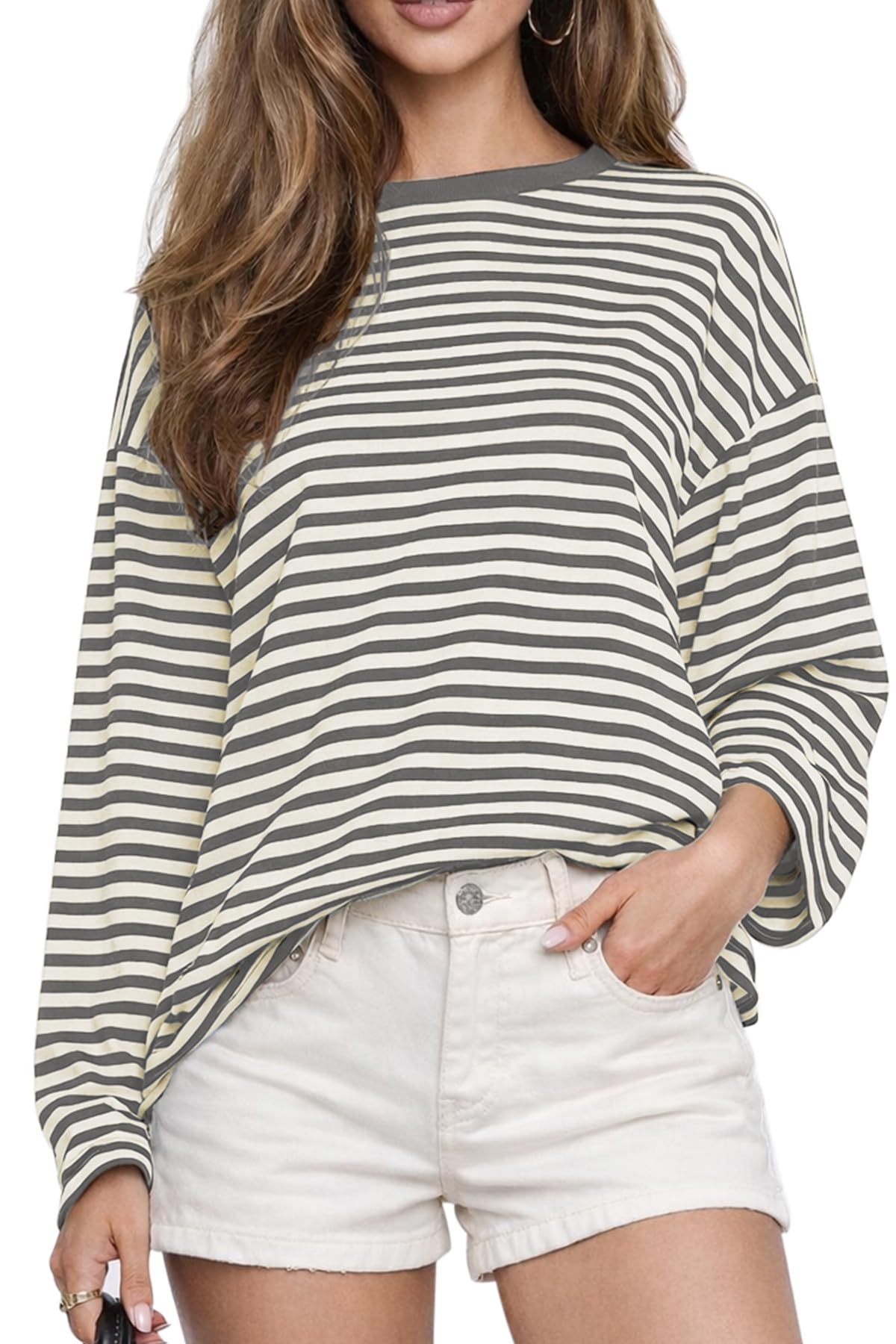 CHYRII Womens Oversized Striped Long Sleeve T Shirt Casual Fall Tops