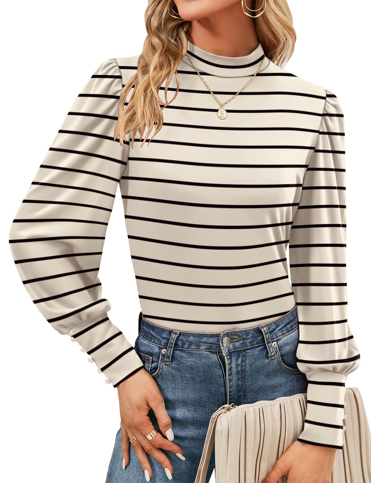Mock Neck Tops for Womens Turtleneck Puff Long Sleeve Shirts Blouses