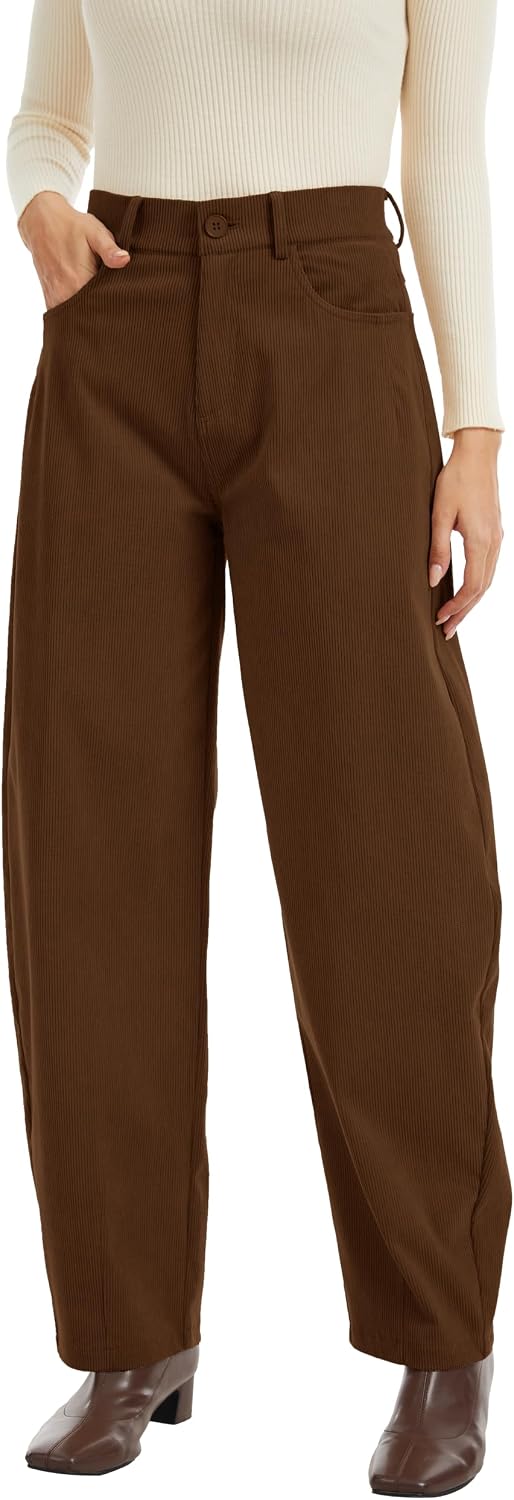 KICZOY Womens Corduroy Barrel Pants Mid Rise Baggy Wide Leg Work Trousers