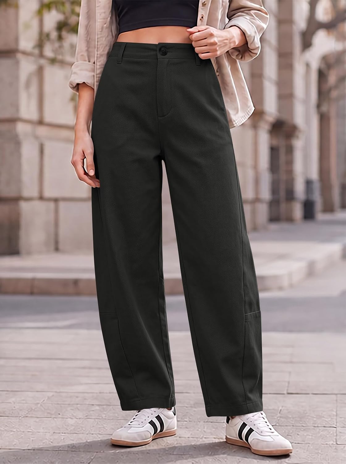Yousify Womens Baggy Barrel Pants Curved Elastic Waist Tapered Leg Trousers