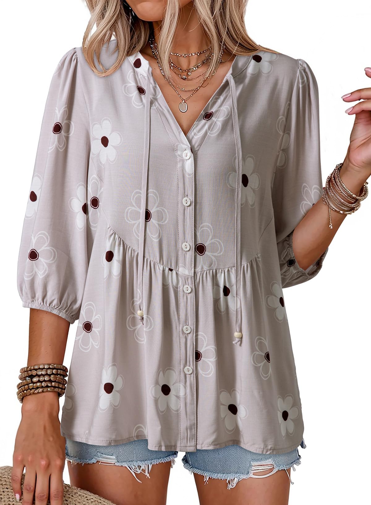 Dokotoo Womens Tops Boho Button Down V Neck Peplum Babydoll Blouses Shirts