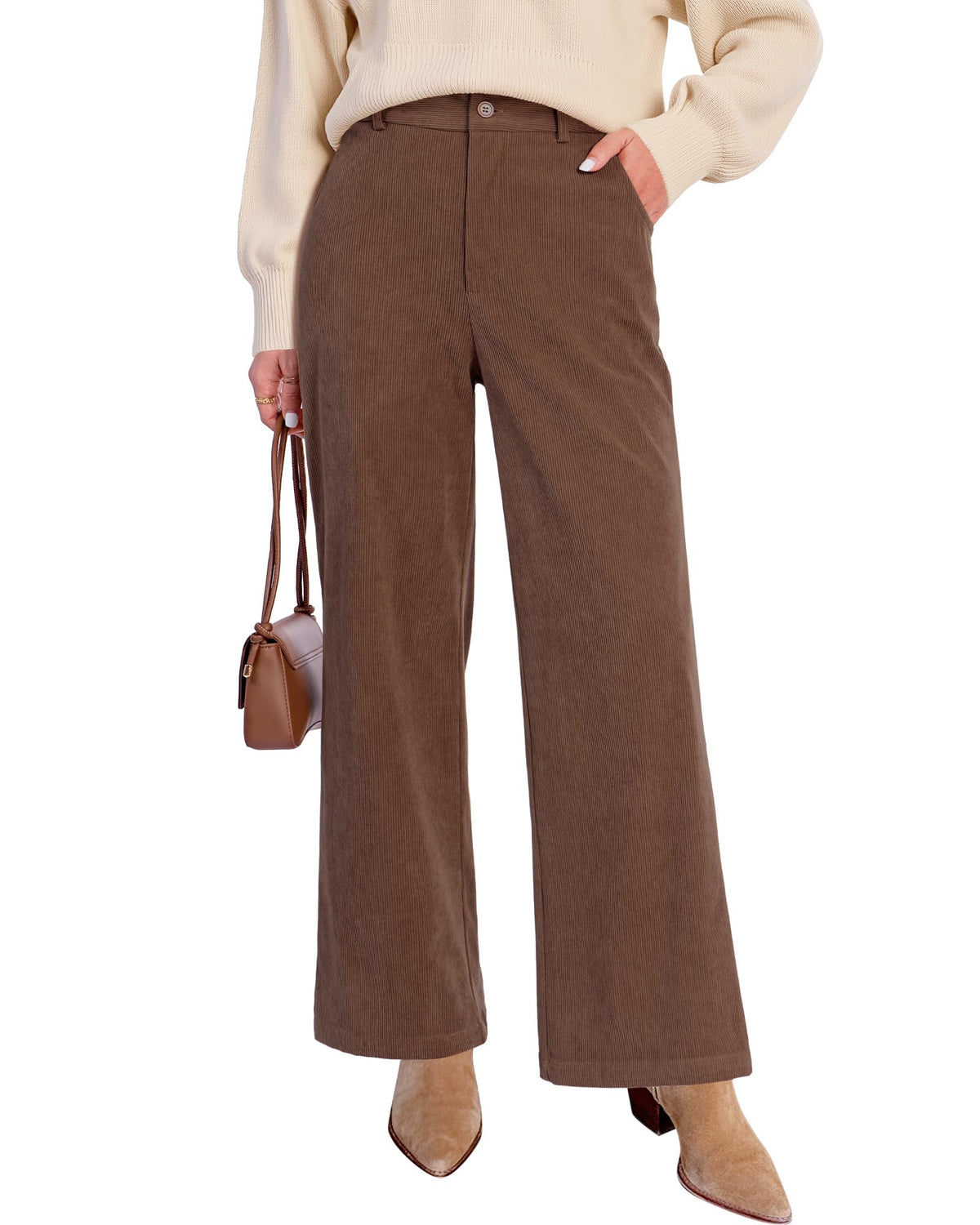 GRAPENT Corduroy Wide Leg Pants Woman High Waisted Fall Business Casual Elastic Waist Loose Trendy Trousers with Pockets