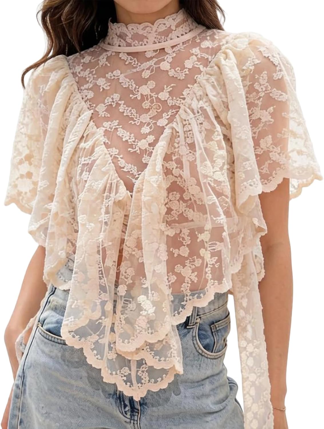 Womens Boho Flowy Lace Shirt Sheer Ruffle Flare Sleeve Casual Loose See Through Cover Up Top Blouse Summer Beachwear