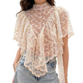 Womens Boho Flowy Lace Shirt Sheer Ruffle Flare Sleeve Casual Loose See Through Cover Up Top Blouse Summer Beachwear