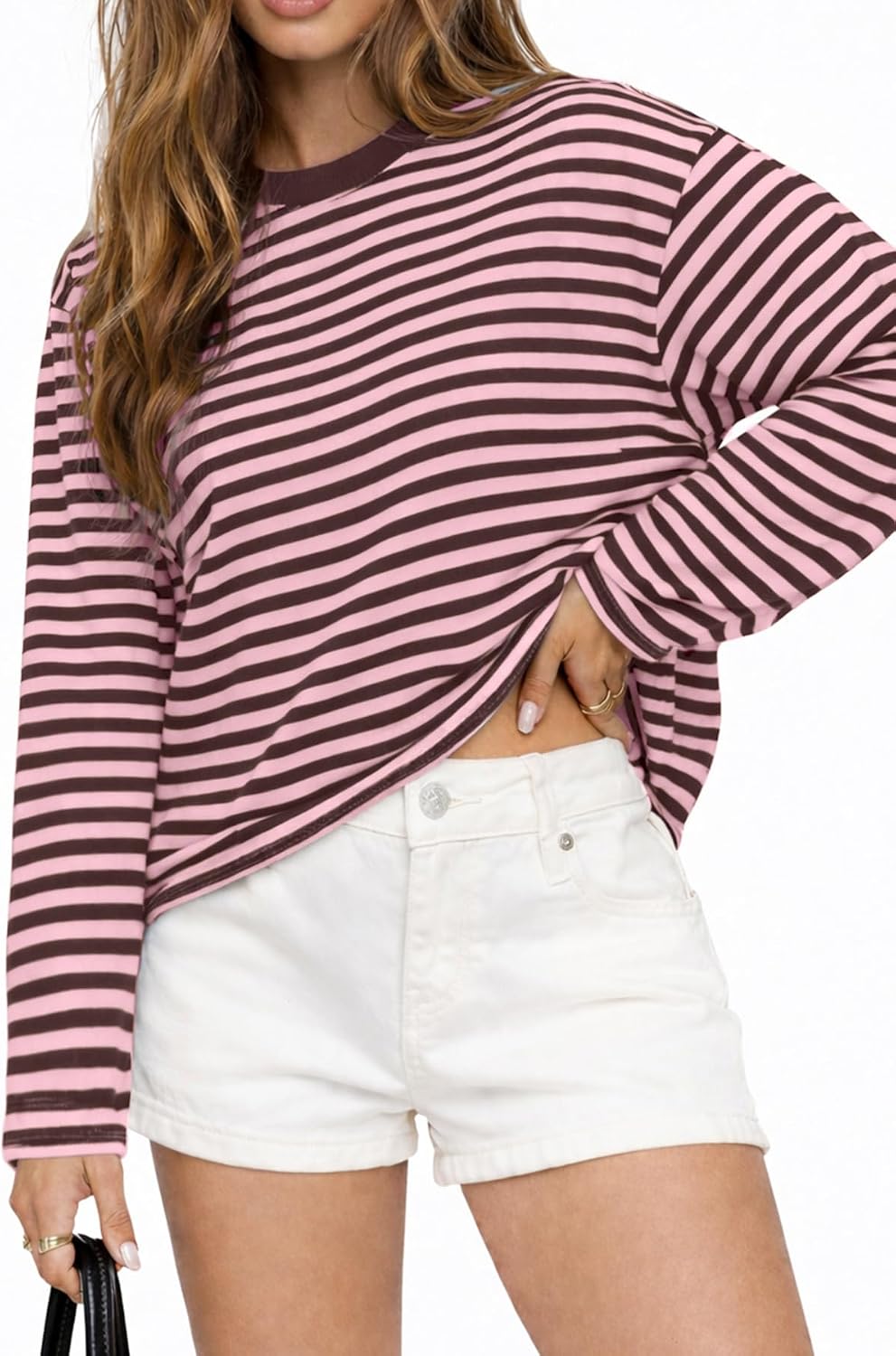 CHYRII Womens Oversized Striped Long Sleeve T Shirt Casual Fall Tops