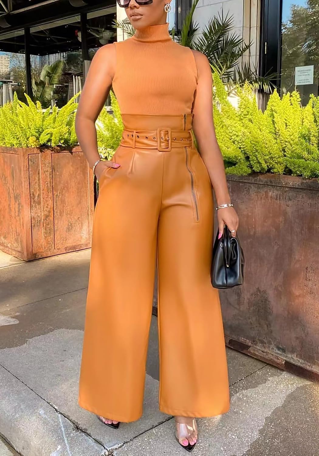 Tcremisa Leather Pants Women High Waisted Faux Leather Wide Leg Pant