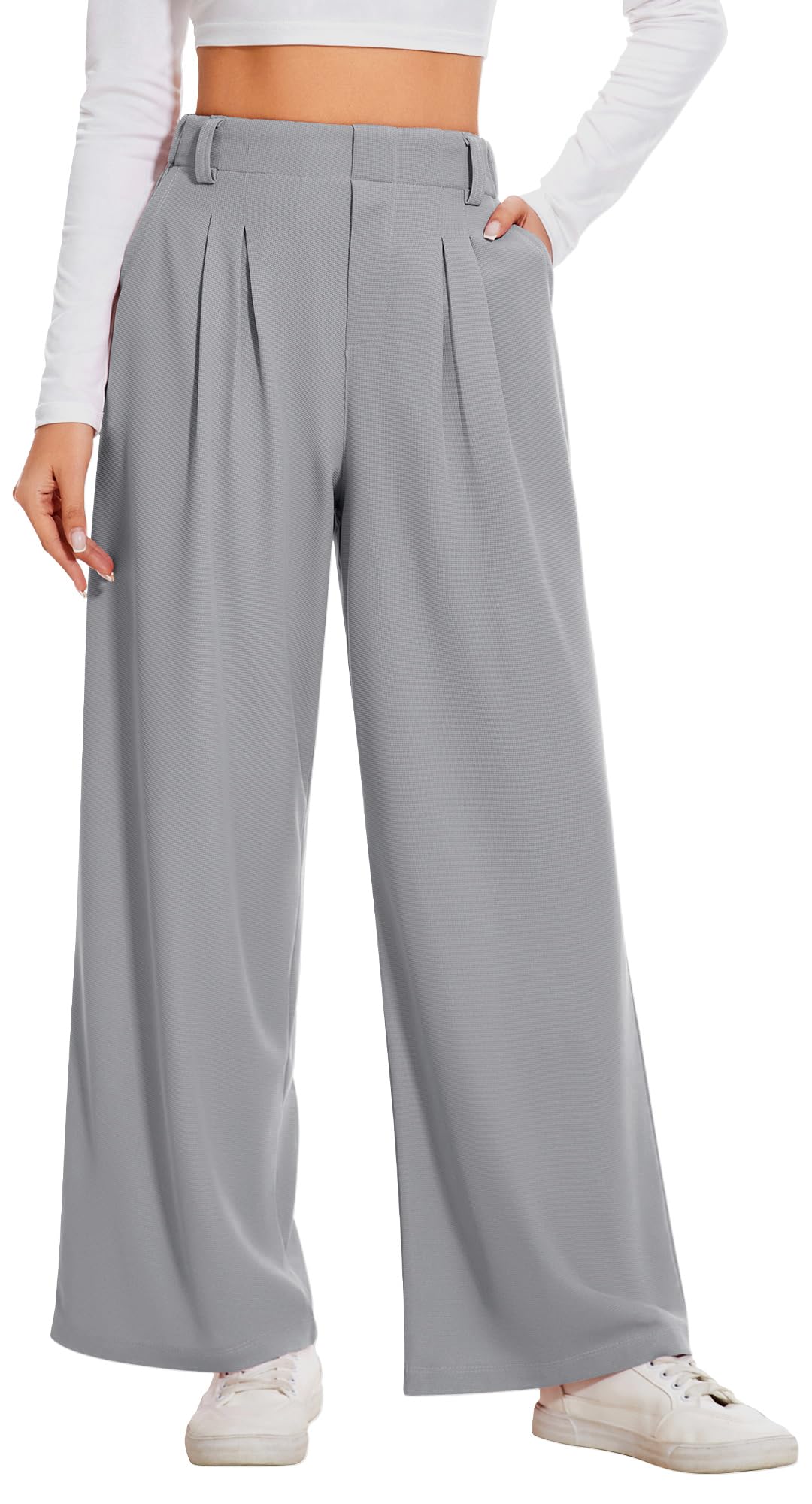 AVAMO Slacks for Women Dress Pants Stretchy Work Pants Wide Leg High Waisted Business Casual Trousers with Pockets Waffle