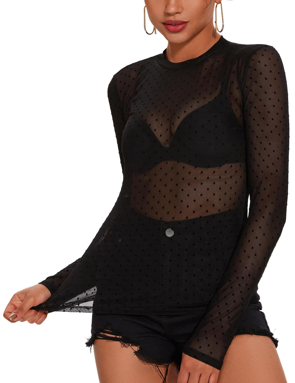AKEWEI Womens Mesh Long Sleeve Tops Crew Neck Sexy See Through Tee Shirts Party Club Night Lace Blouse