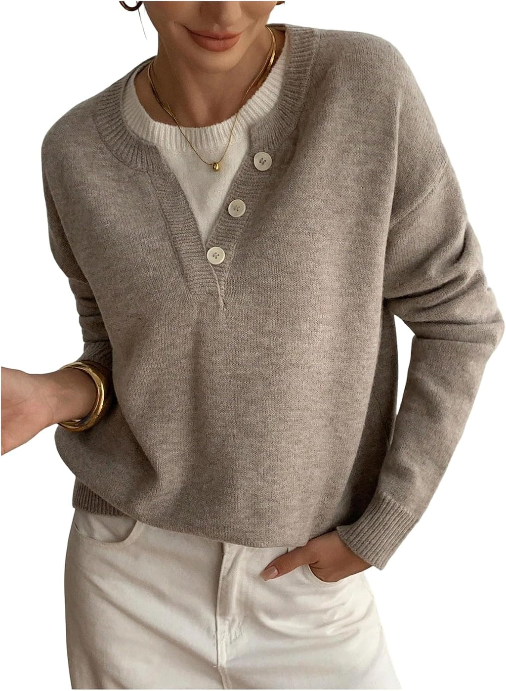 SOLY HUX Pullover Henley Sweaters for Women Long Sleeve Business Casual Top