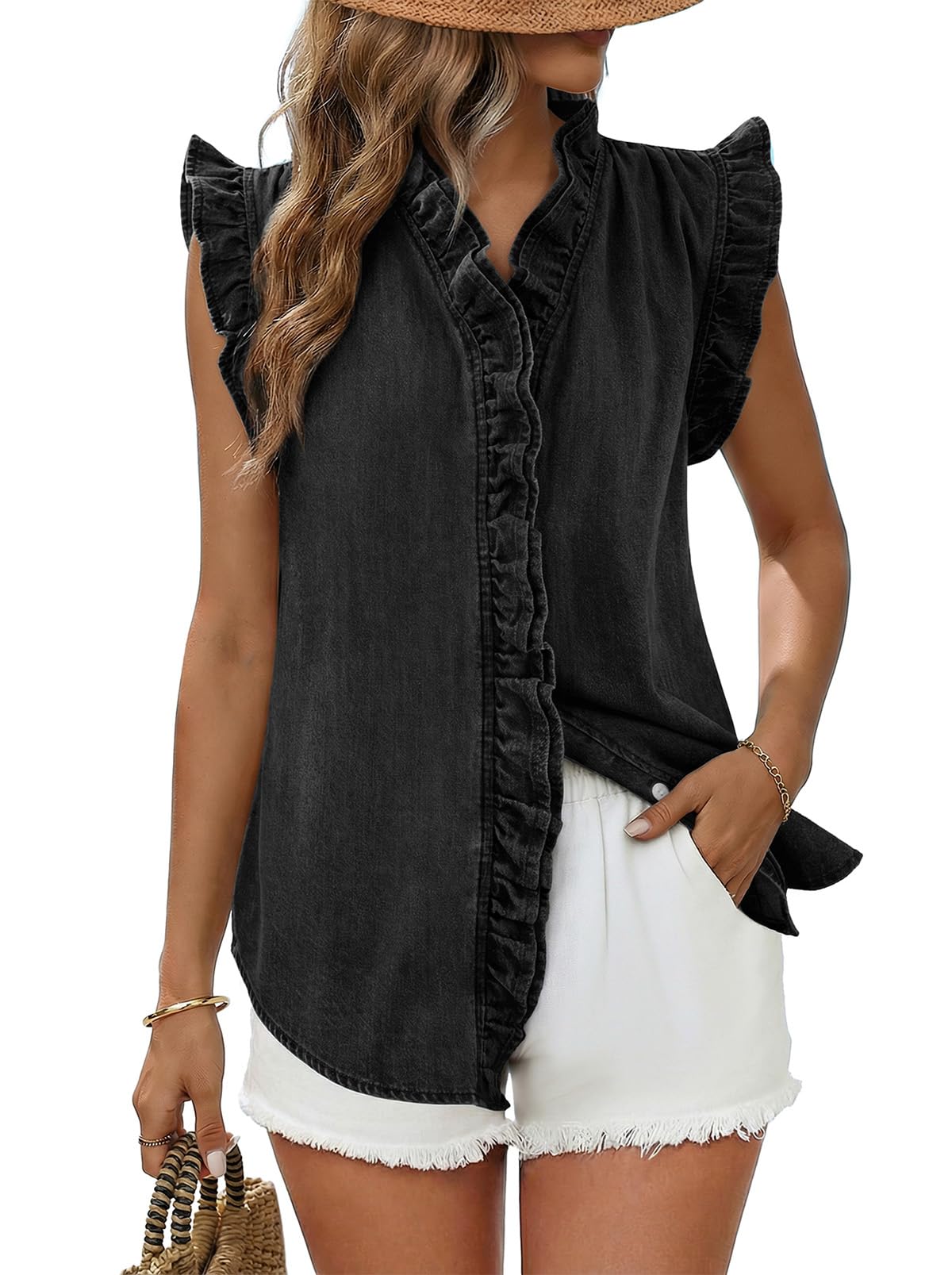 Dokotoo Denim Vest Women Sleeveless Tops Button Up Peplum V Neck Jean Vest