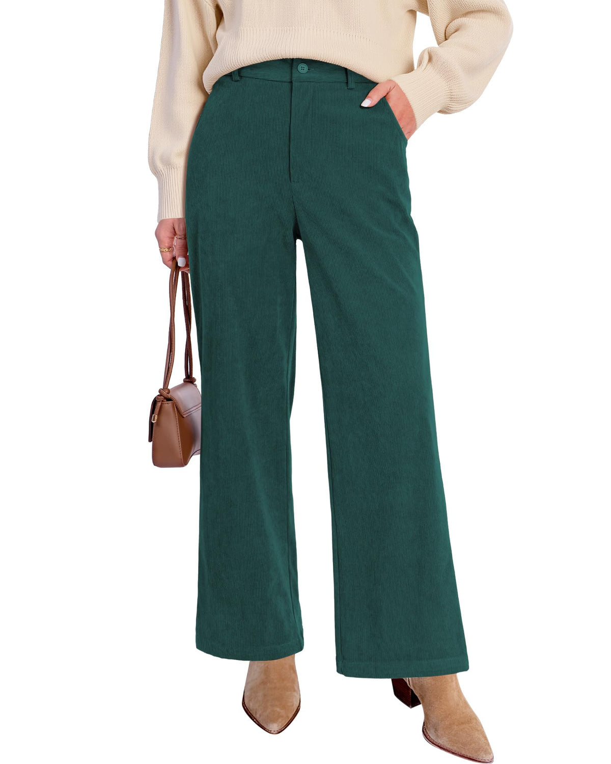 GRAPENT Corduroy Wide Leg Pants Woman High Waisted Fall Business Casual Elastic Waist Loose Trendy Trousers with Pockets