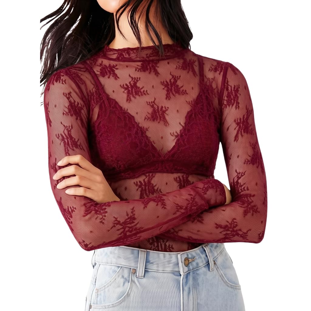 KMBANGI Women's Mesh Lace Long Sleeve Top Mock Neck Sheer Layering Tops