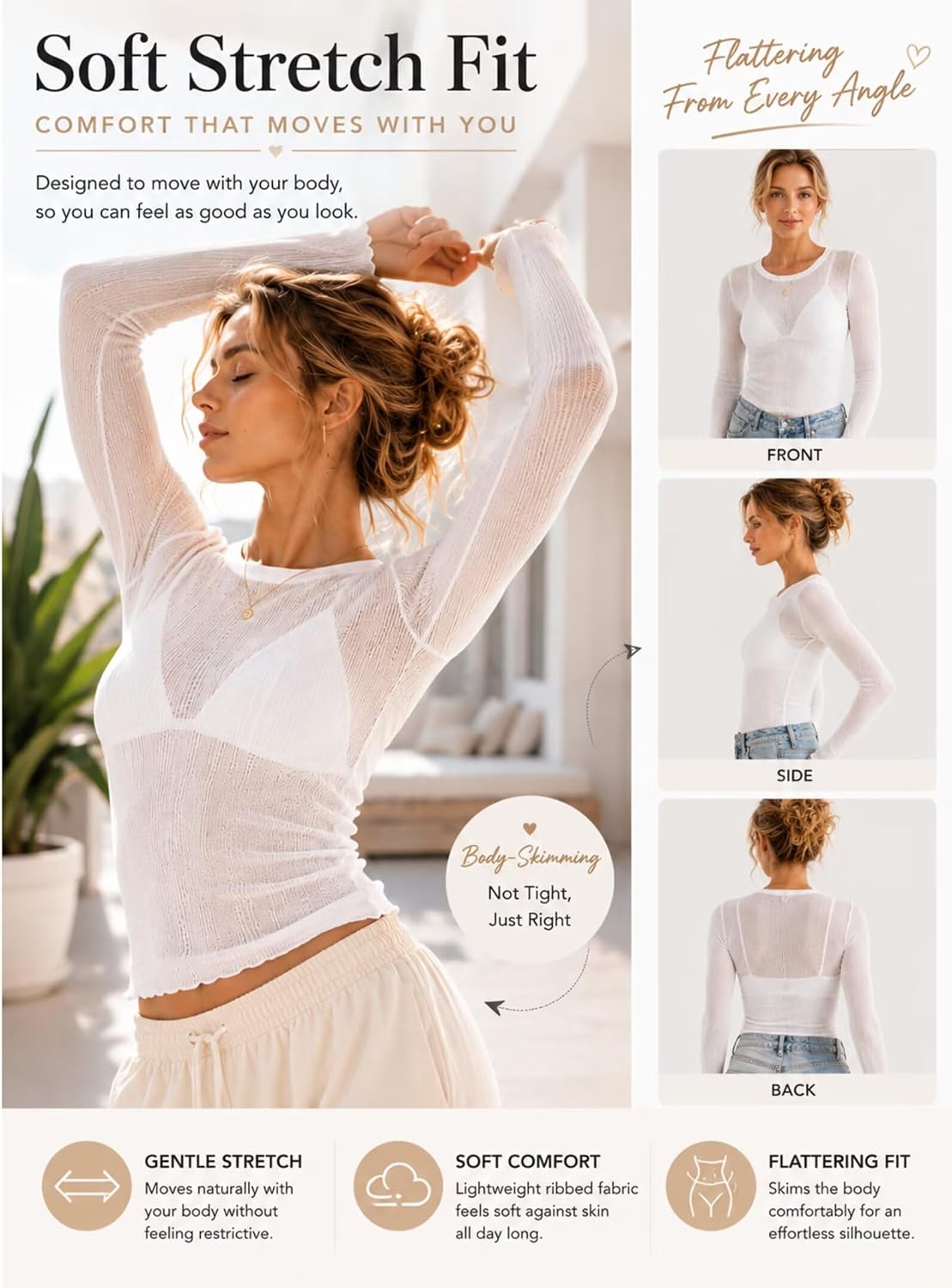 Sunzel Women's Sheer Long Sleeve Fitted Mesh Layering Top for Bralette
