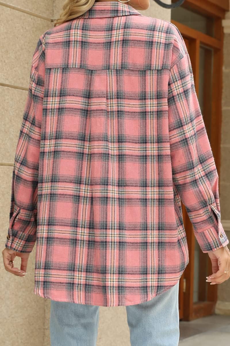CHYRII Womens Button Down Flannel Shirts Long Sleeve Plaid Shackets Business Casual Blouse Top