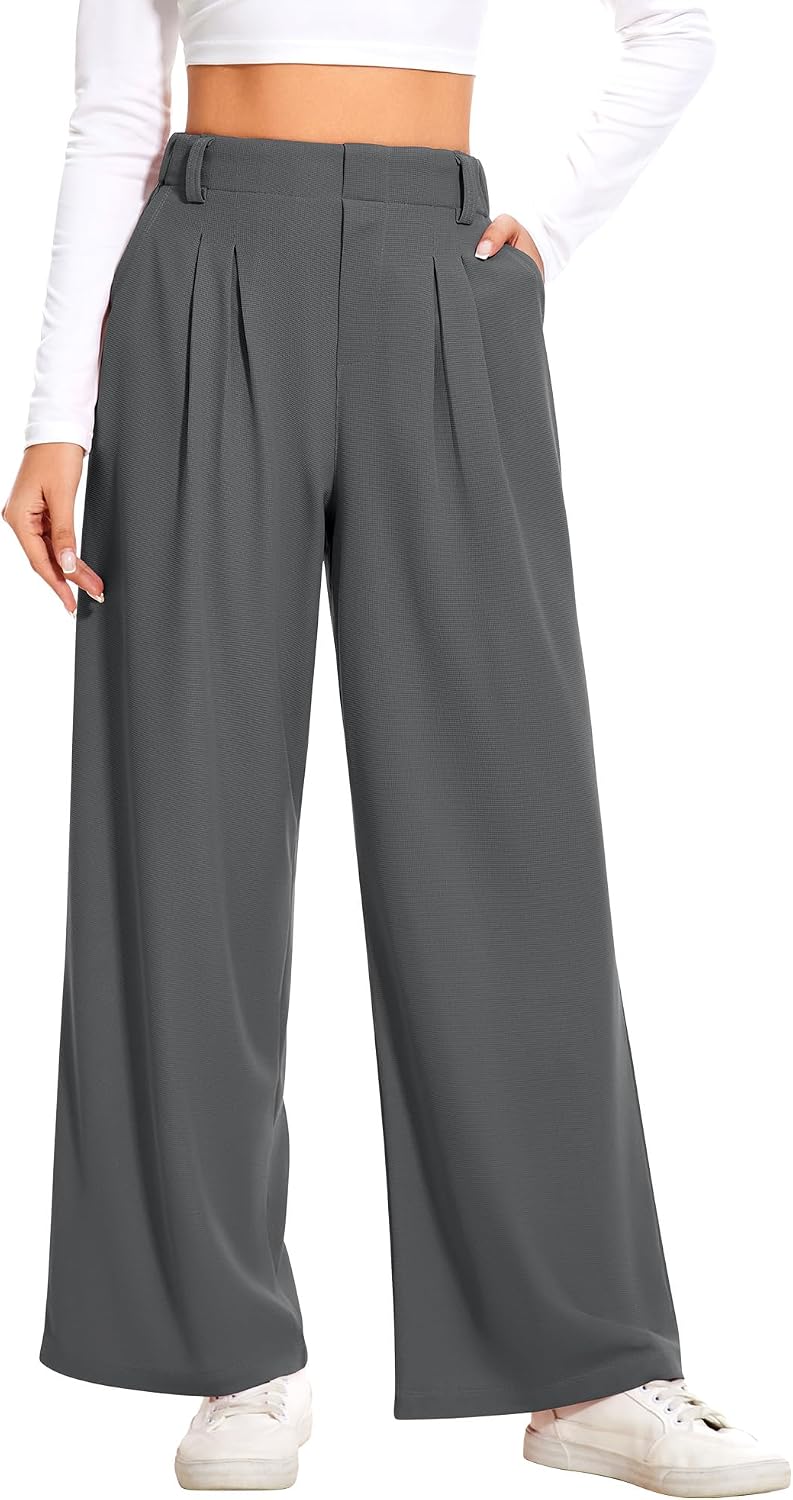AVAMO Slacks for Women Dress Pants Stretchy Work Pants Wide Leg High Waisted Business Casual Trousers with Pockets Waffle