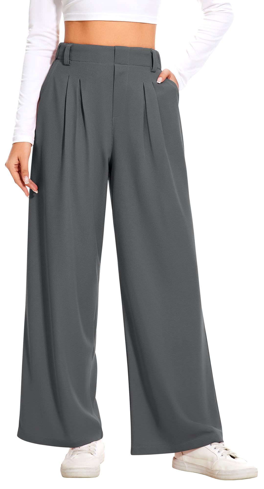 AVAMO Slacks for Women Dress Pants Stretchy Work Pants Wide Leg High Waisted Business Casual Trousers with Pockets Waffle