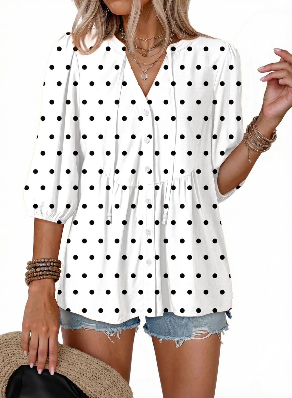 Dokotoo Womens Tops Boho Button Down V Neck Peplum Babydoll Blouses Shirts
