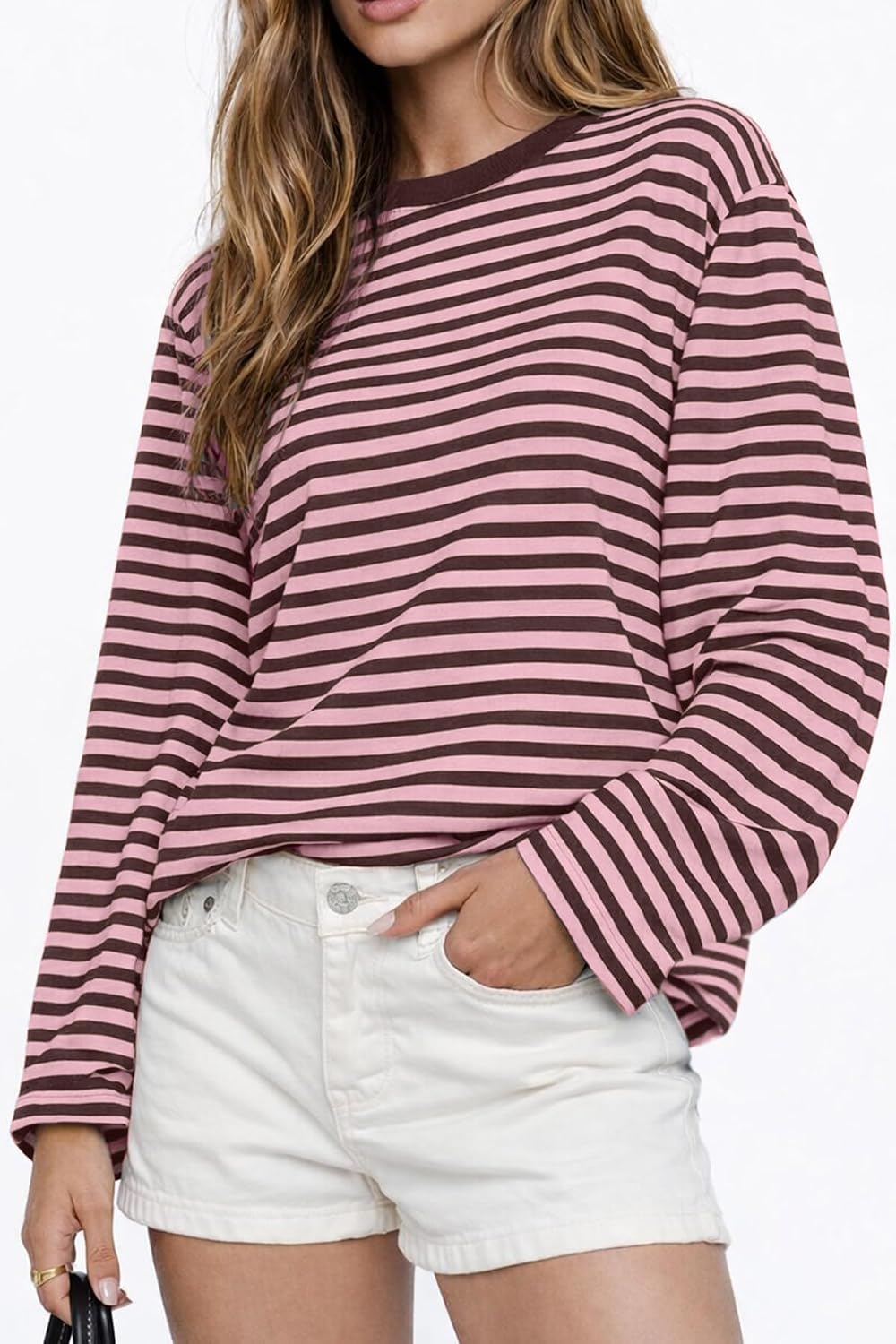 CHYRII Womens Oversized Striped Long Sleeve T Shirt Casual Fall Tops
