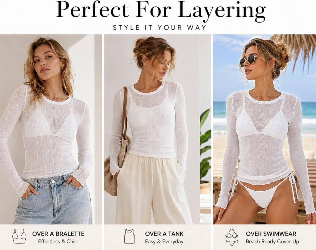 Sunzel Women's Sheer Long Sleeve Fitted Mesh Layering Top for Bralette
