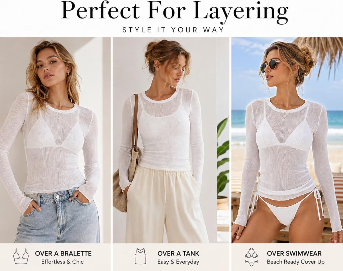 Sunzel Women's Sheer Long Sleeve Fitted Mesh Layering Top for Bralette