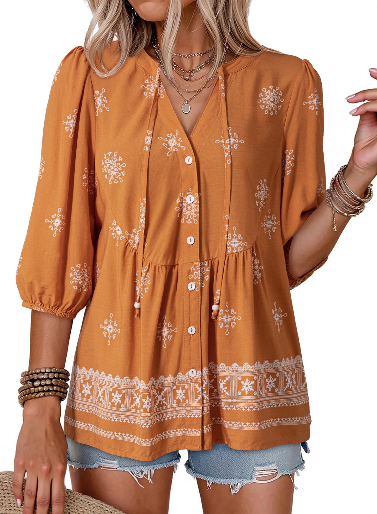 Dokotoo Womens Tops Boho Button Down V Neck Peplum Babydoll Blouses Shirts