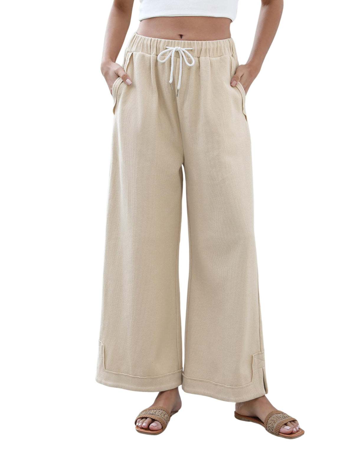 Athlisan Womens Baggy Wide Leg Palazzo Pants Casual Loose Drawstring Elastic Waisted Lounge Trousers with Pockets