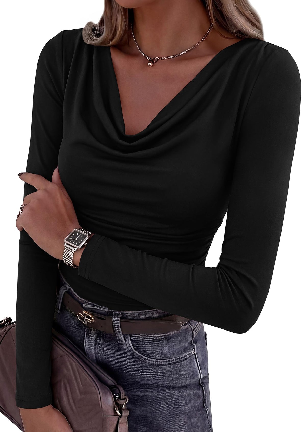 PRETTYGARDEN Women's Cowl Neck Long Sleeve Shirts
