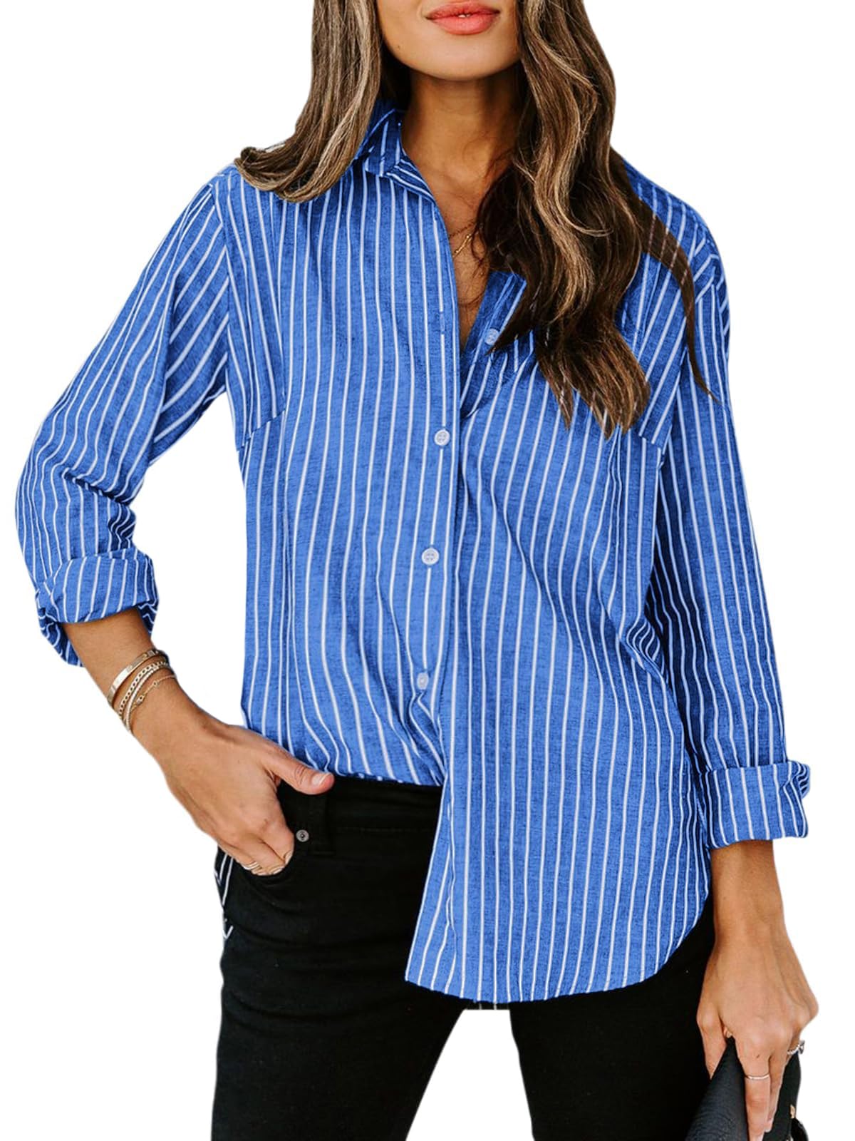 siliteelon Striped Button Down Shirts Women Cotton Long Sleeve Work Blouses
