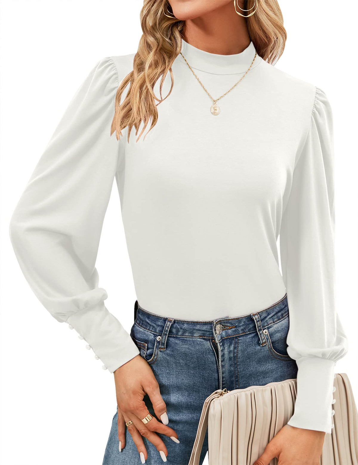Mock Neck Tops for Womens Turtleneck Puff Long Sleeve Shirts Blouses