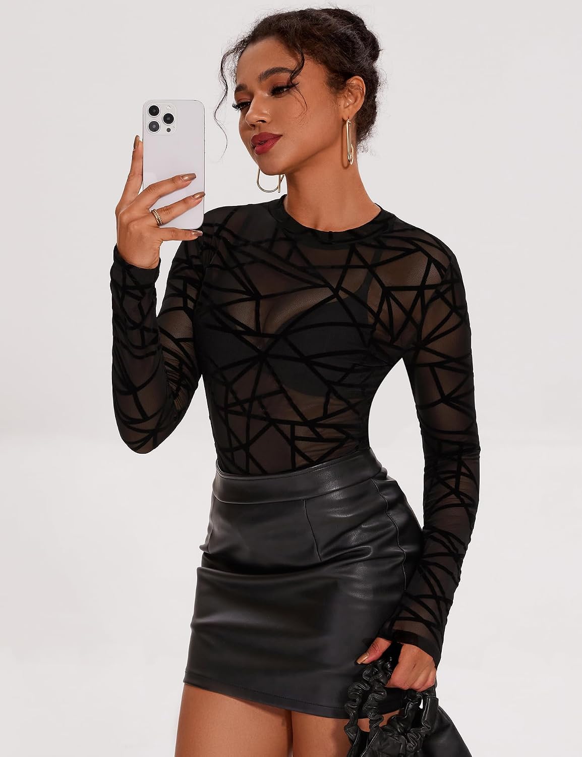 AKEWEI Womens Mesh Long Sleeve Tops Crew Neck Sexy See Through Tee Shirts Party Club Night Lace Blouse