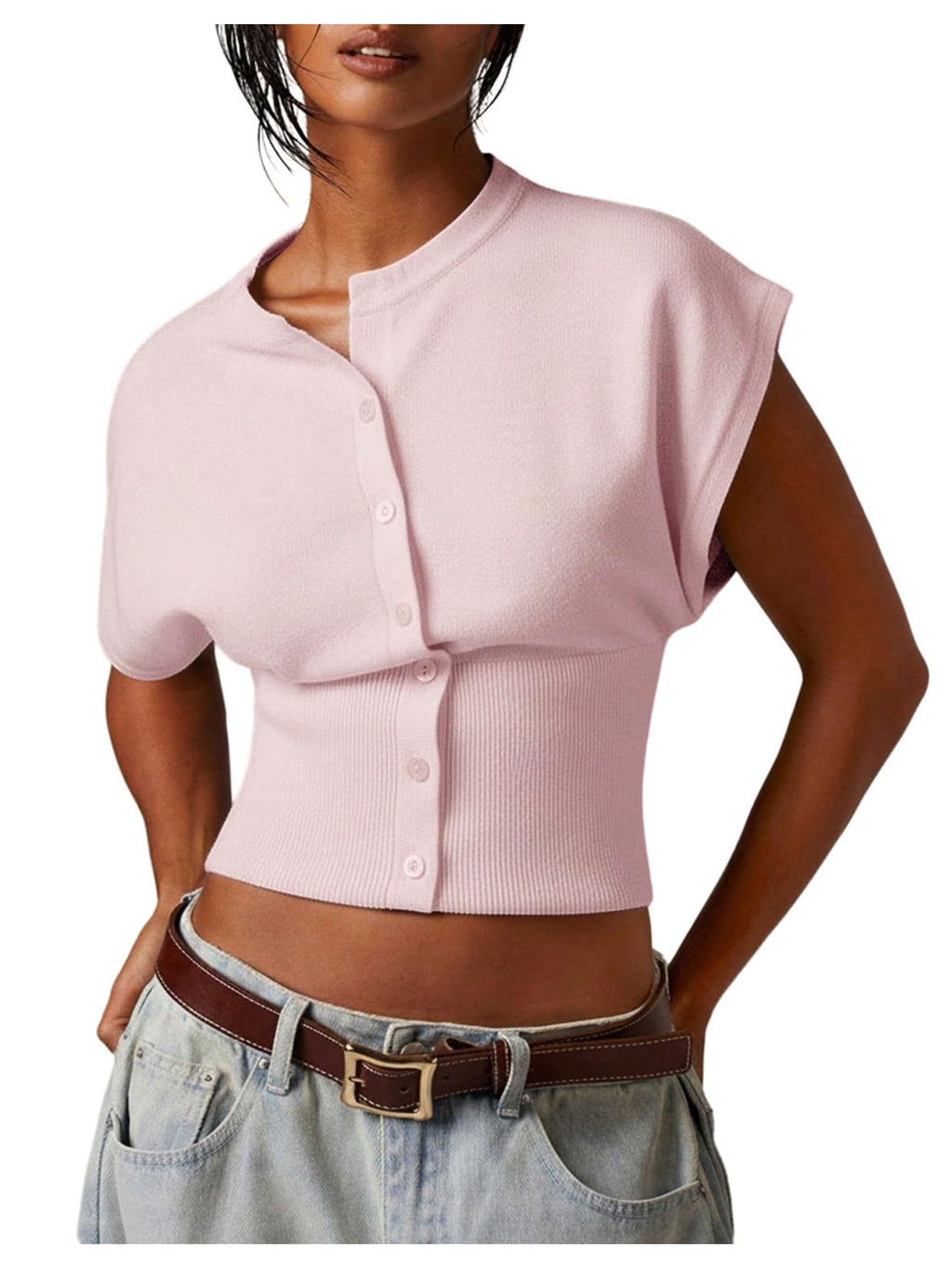 SHENHE Women's Cap Sleeve Button Up Sweater Sleeveless Knit Vest Crop Top