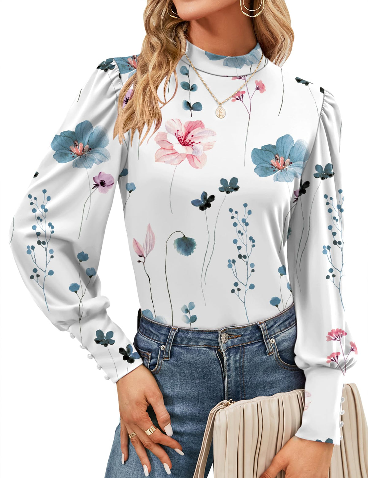 Mock Neck Tops for Womens Turtleneck Puff Long Sleeve Shirts Blouses