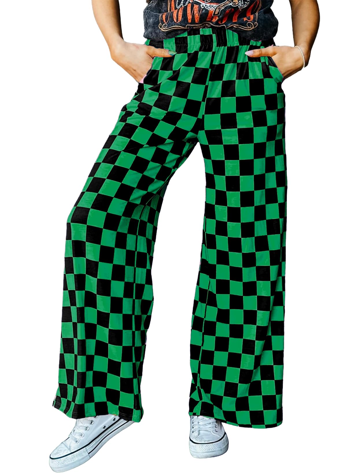 IWOLLENCE Women's Casual Loose Checkered Wide Leg Pants High Waist Straight Lounge Y2K Gingham Trousers