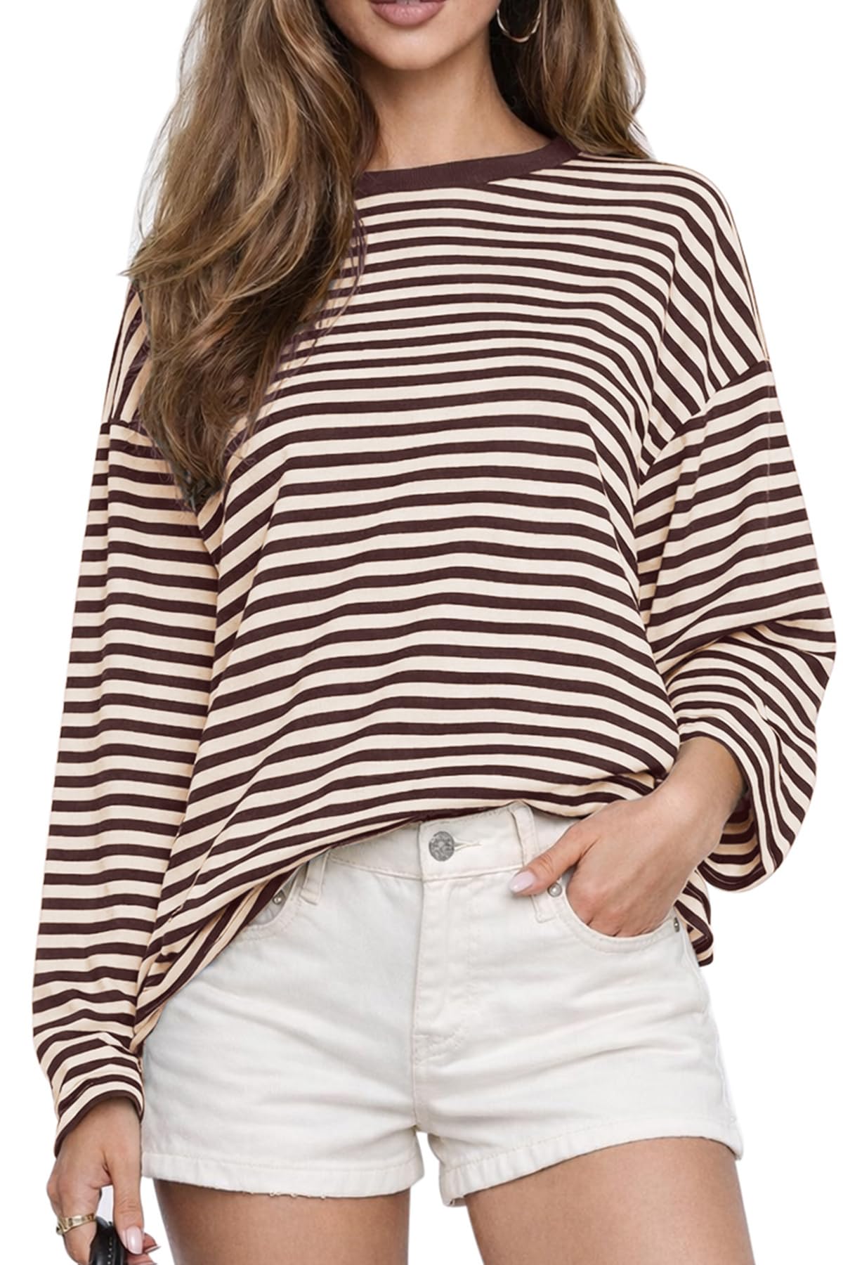 CHYRII Womens Oversized Striped Long Sleeve T Shirt Casual Fall Tops
