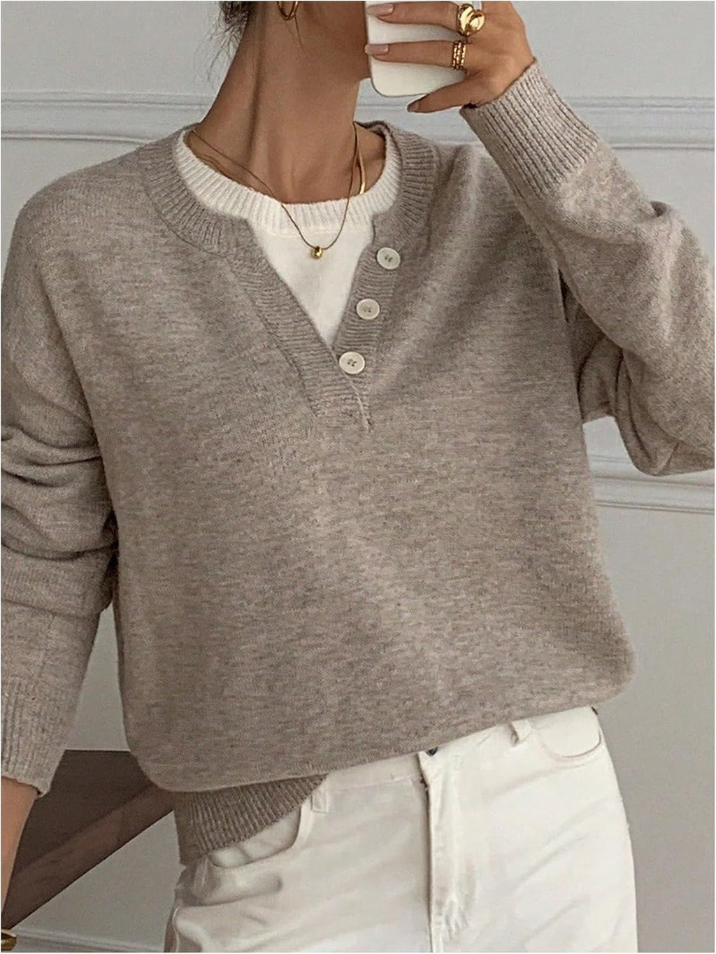 SOLY HUX Pullover Henley Sweaters for Women Long Sleeve Business Casual Top