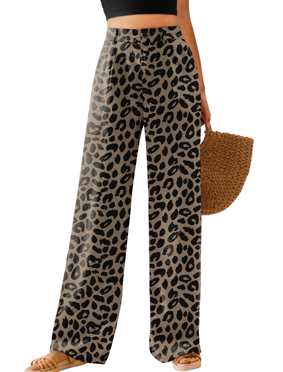 Feiersi Womens Casual Wide Leg Pants High Waisted Button Down Straight Long Trousers Palazzo Pants