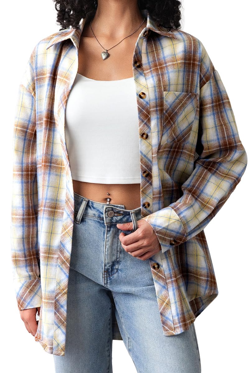 CHYRII Womens Button Down Flannel Shirts Long Sleeve Plaid Shackets Business Casual Blouse Top