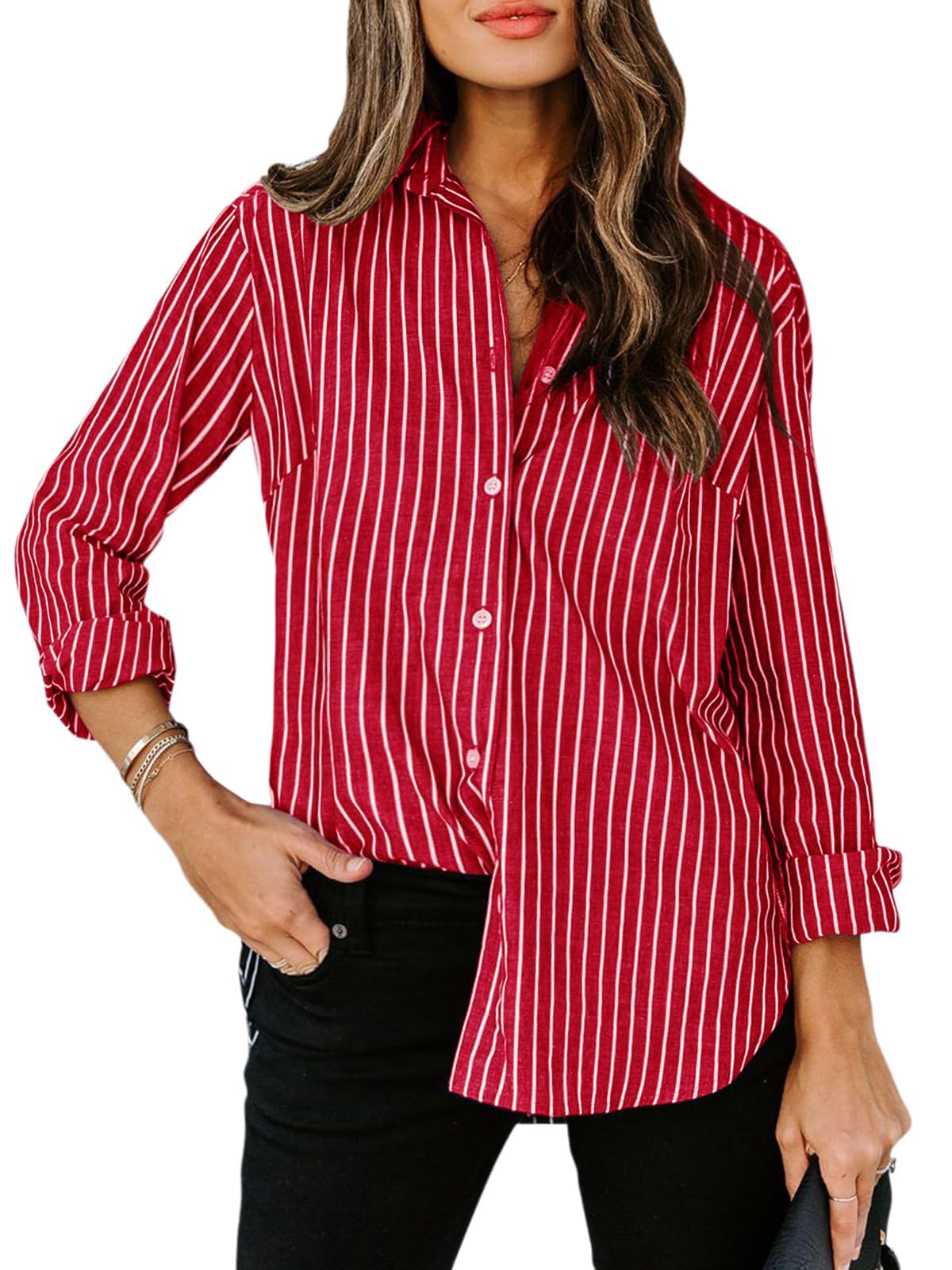 siliteelon Striped Button Down Shirts Women Cotton Long Sleeve Work Blouses