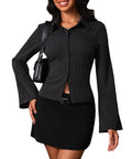 Women Striped Fitted Button Down Shirts Bell Long Sleeve Shirt Office Work Blouse Tops