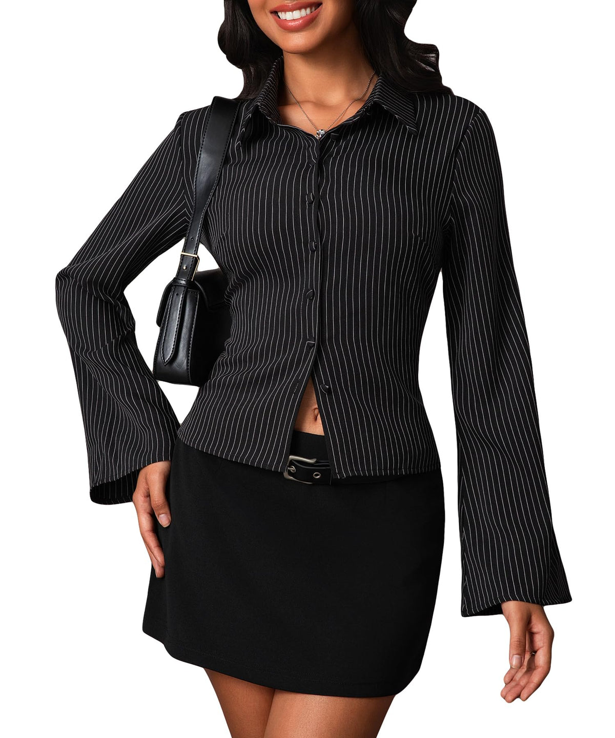 Women Striped Fitted Button Down Shirts Bell Long Sleeve Shirt Office Work Blouse Tops