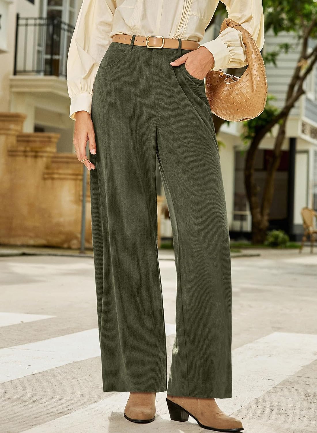 Sidefeel Women's Wide Leg Corduroy Pants High Waisted Baggy Trousers