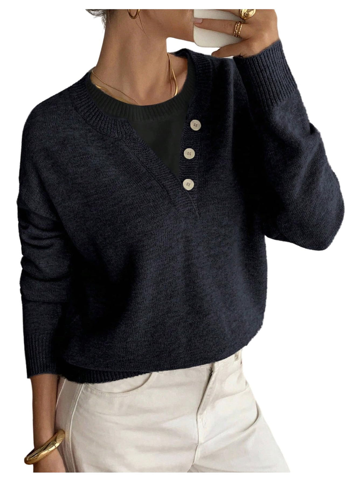 SOLY HUX Pullover Henley Sweaters for Women Long Sleeve Business Casual Top