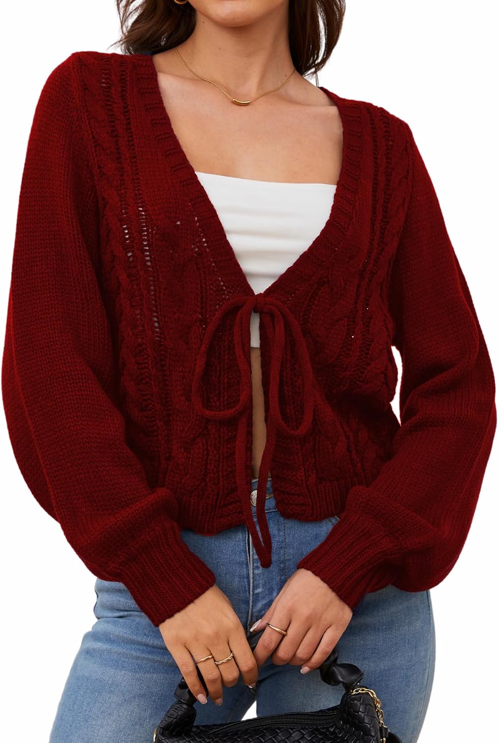 SOLY HUX Women's Cropped Cardigan Sweaters Tie Front Bow Cardigan
