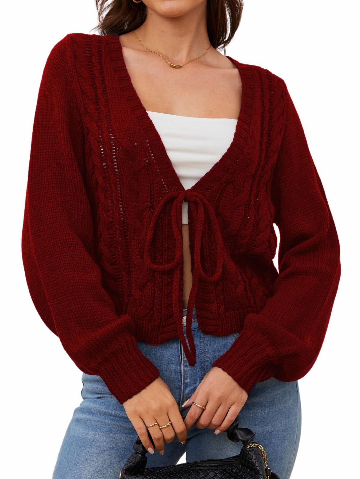 SOLY HUX Women's Cropped Cardigan Sweaters Tie Front Bow Cardigan